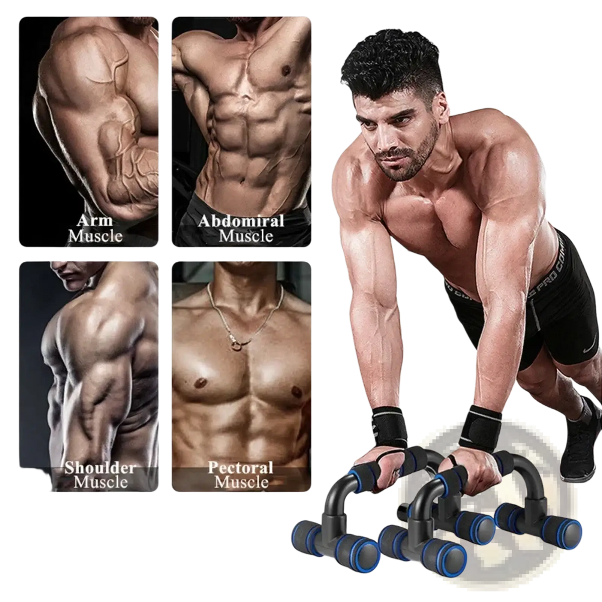 Adjustable black and blue push up bars with padded grips for home muscle training and comprehensive workouts