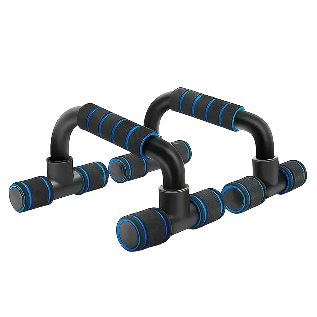 Adjustable push up bars in black and blue with textured grip handles for home muscle training exercises