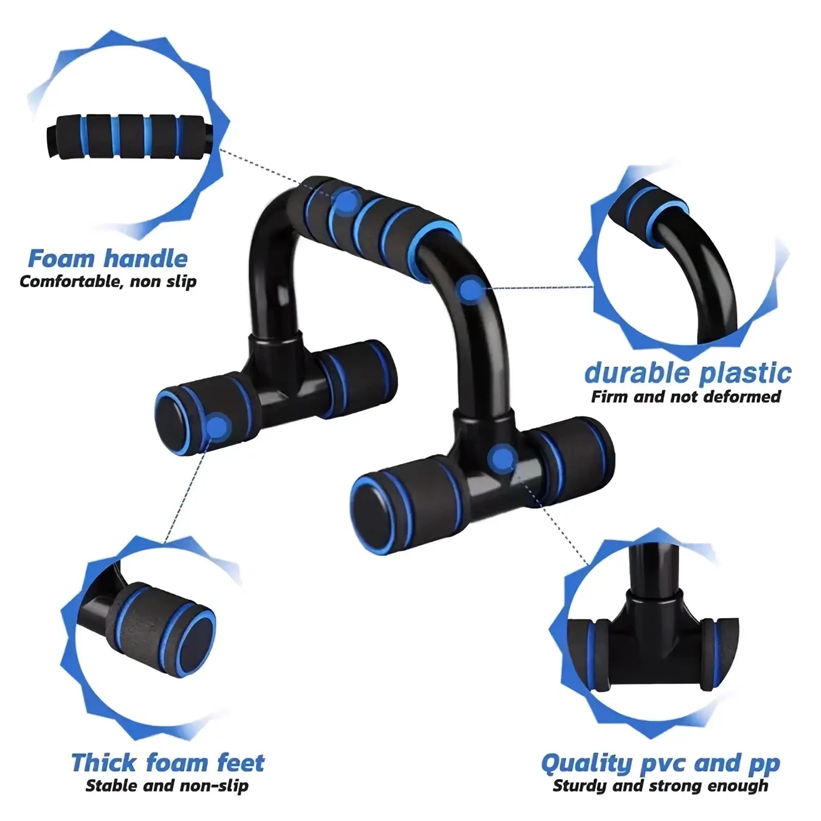 Adjustable push up bars for home muscle training in black and blue with foam handles and thick foam feet