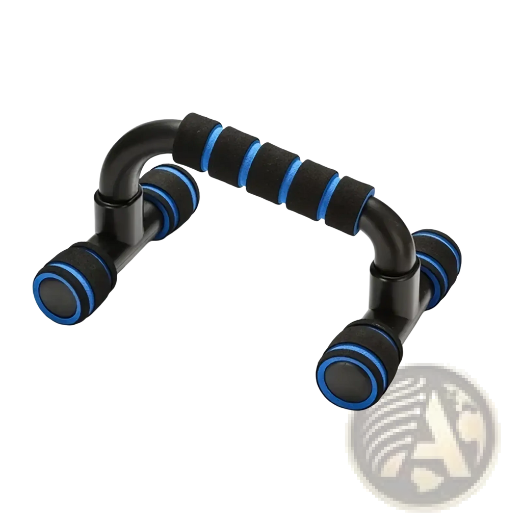 Adjustable push up bars with black and blue foam handles and a sleek curved design for home muscle training