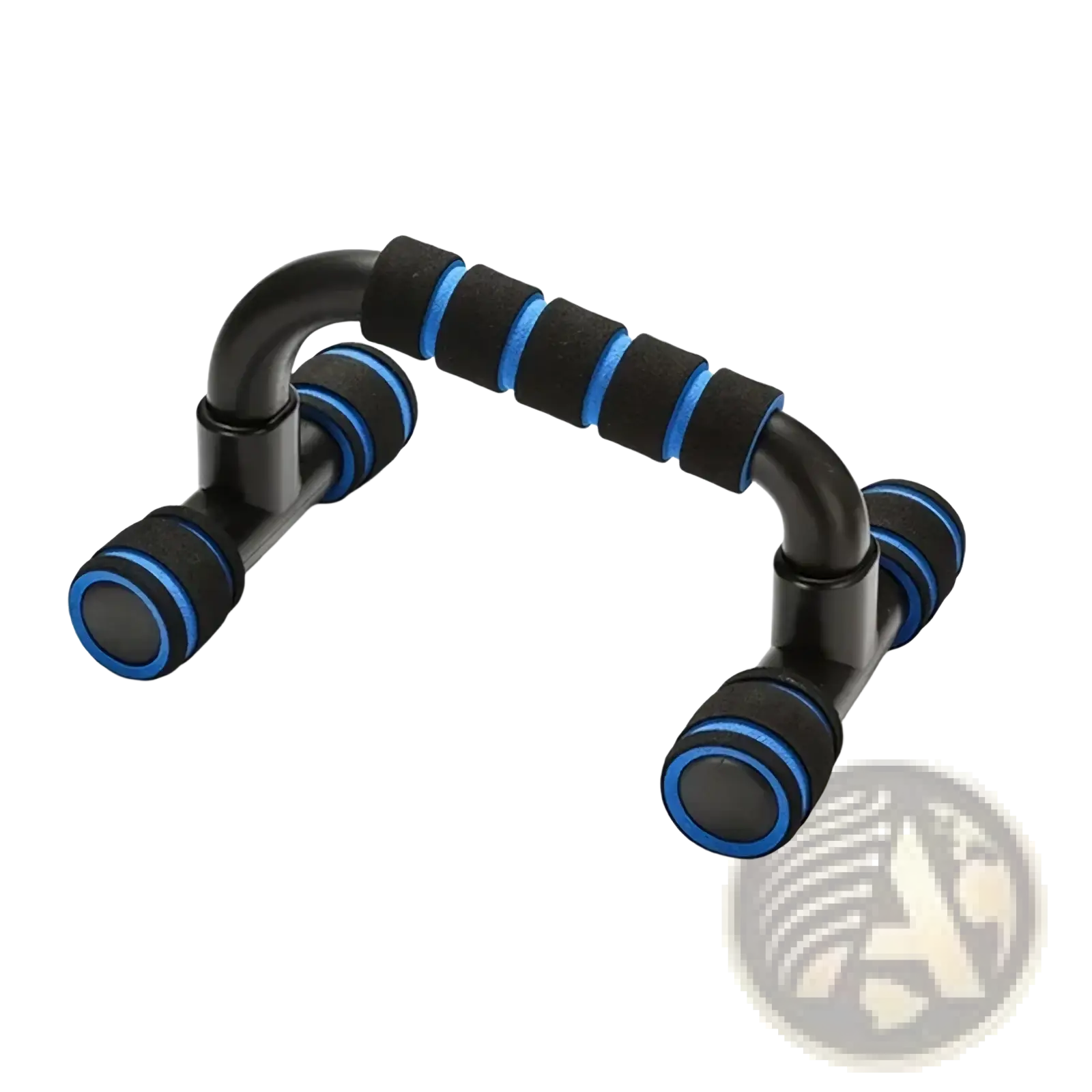 Adjustable push up bars with black and blue foam handles and a sleek curved design for home muscle training