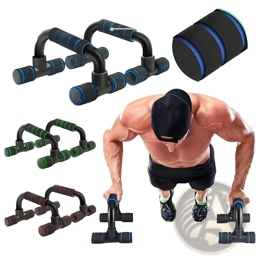 Adjustable push up bars in black and blue with padded grips and adjustable resistance for home muscle training