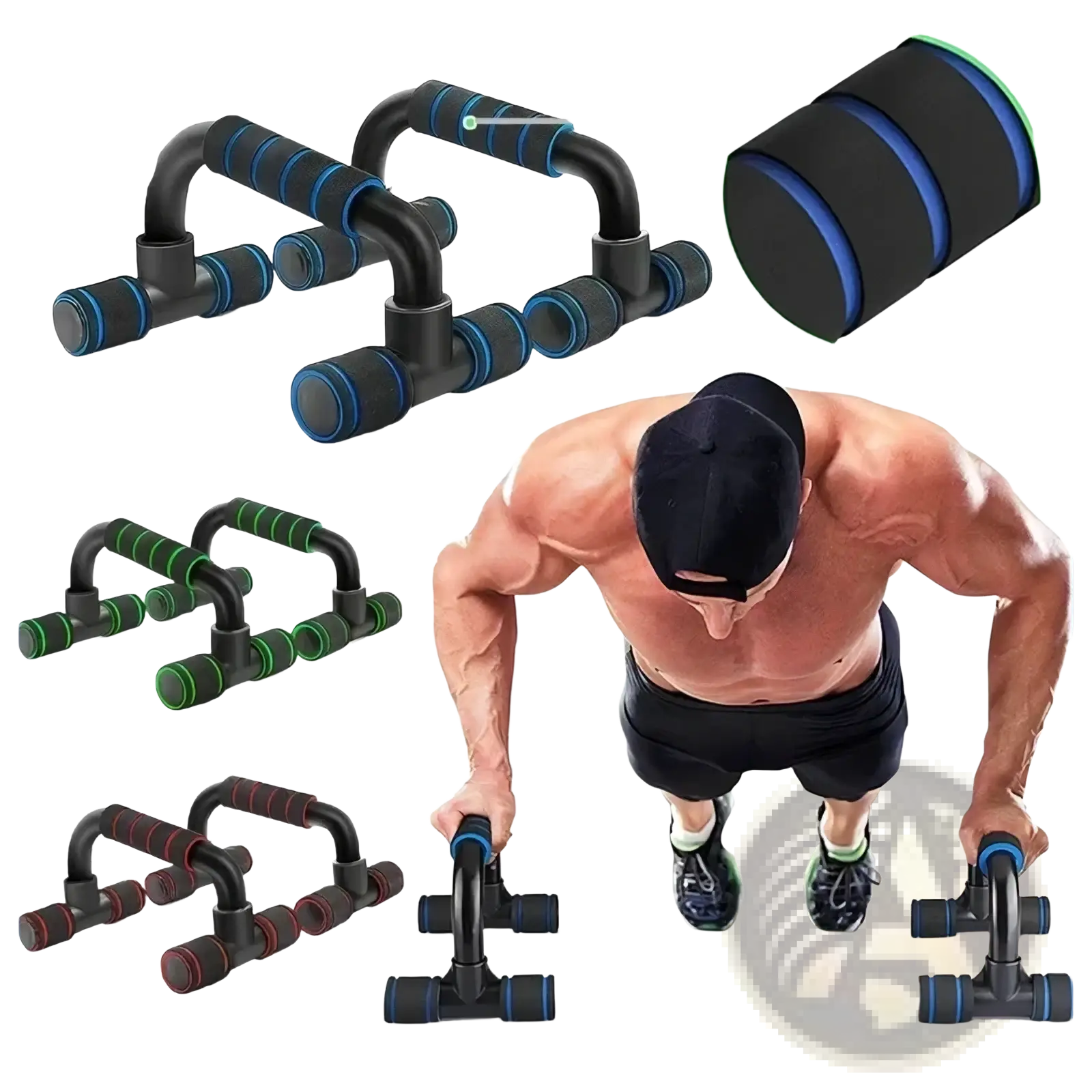 Adjustable push up bars in black and blue with padded grips and adjustable resistance for home muscle training