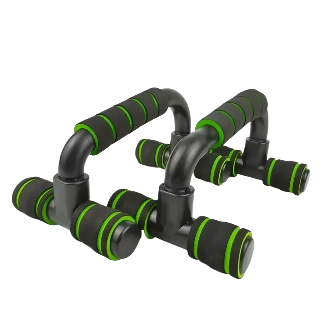 Adjustable push up bars with black and green foam handles and ergonomic design for home muscle training
