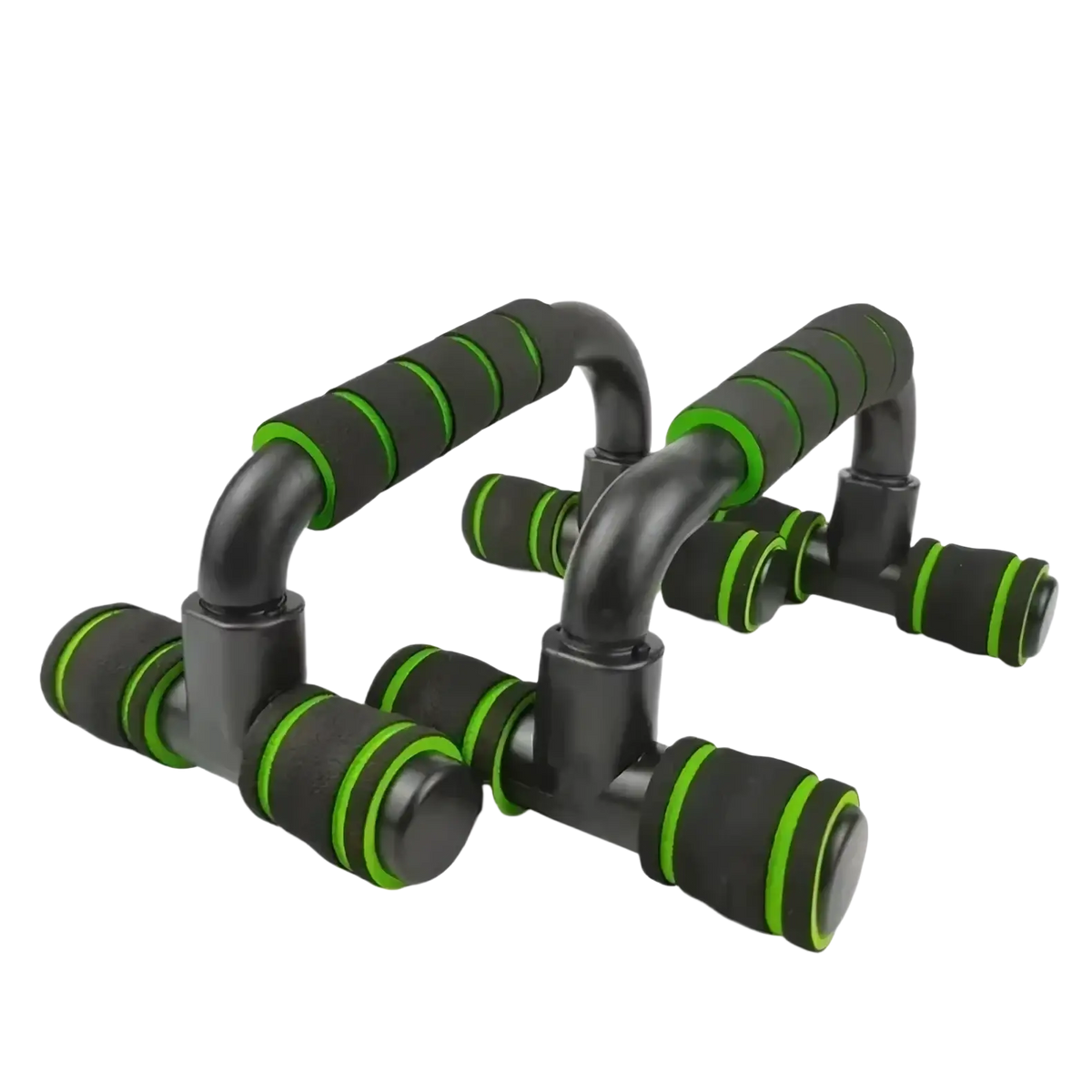 Adjustable push up bars with black and green foam handles and ergonomic design for home muscle training
