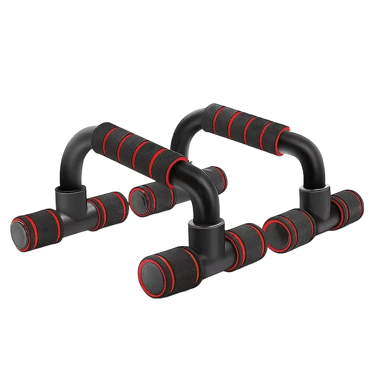 Adjustable black and red push-up bars with textured grip handles for home muscle training and exercise