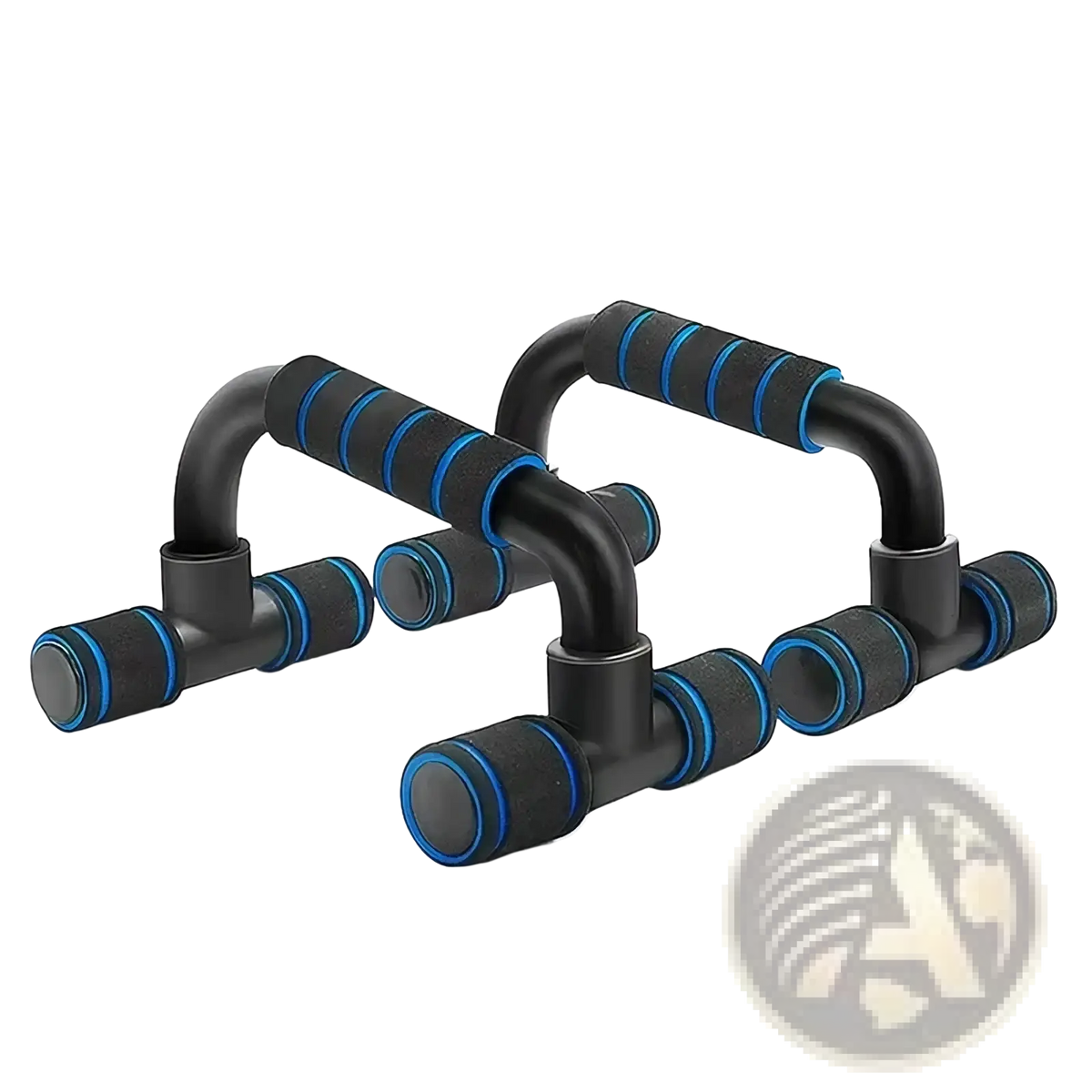 Adjustable push up bars in black and blue with textured grip handles for home muscle training exercises