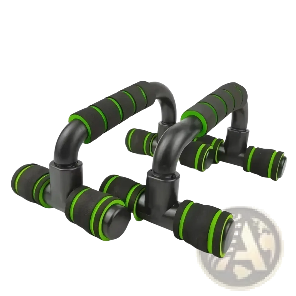 Adjustable push up bars with black and green foam handles and ergonomic design for home muscle training