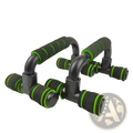 Adjustable push up bars with black and green foam handles and ergonomic design for home muscle training