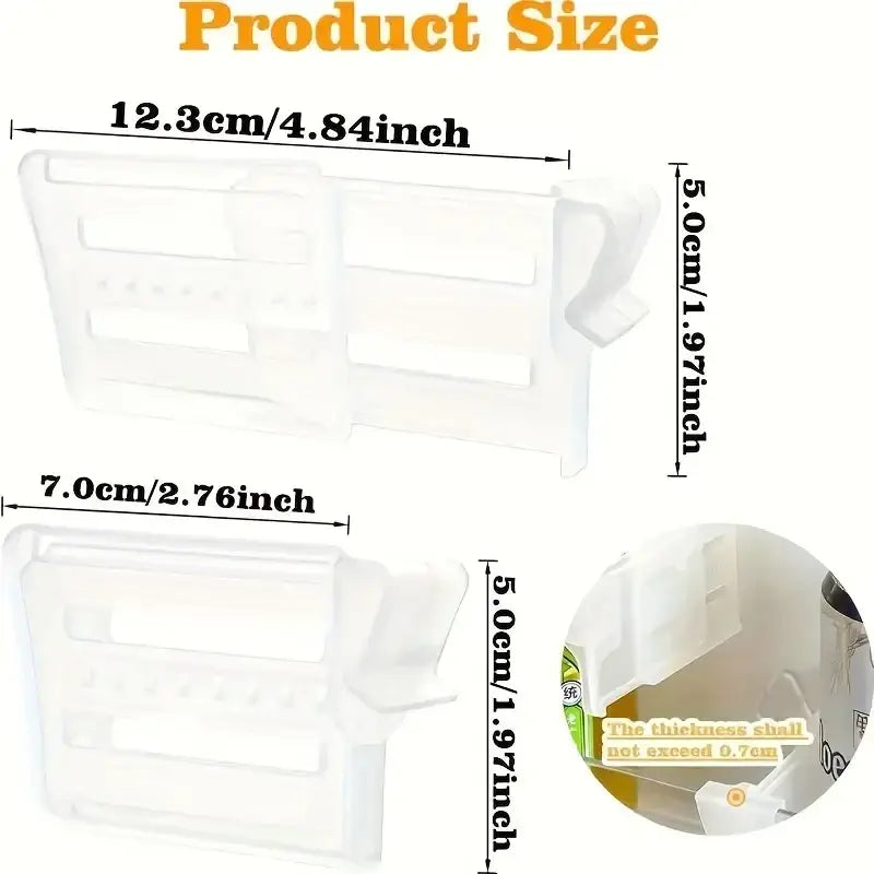 Adjustable refrigerator space divider in white plastic with molded slots and a handle for easy shelf organization