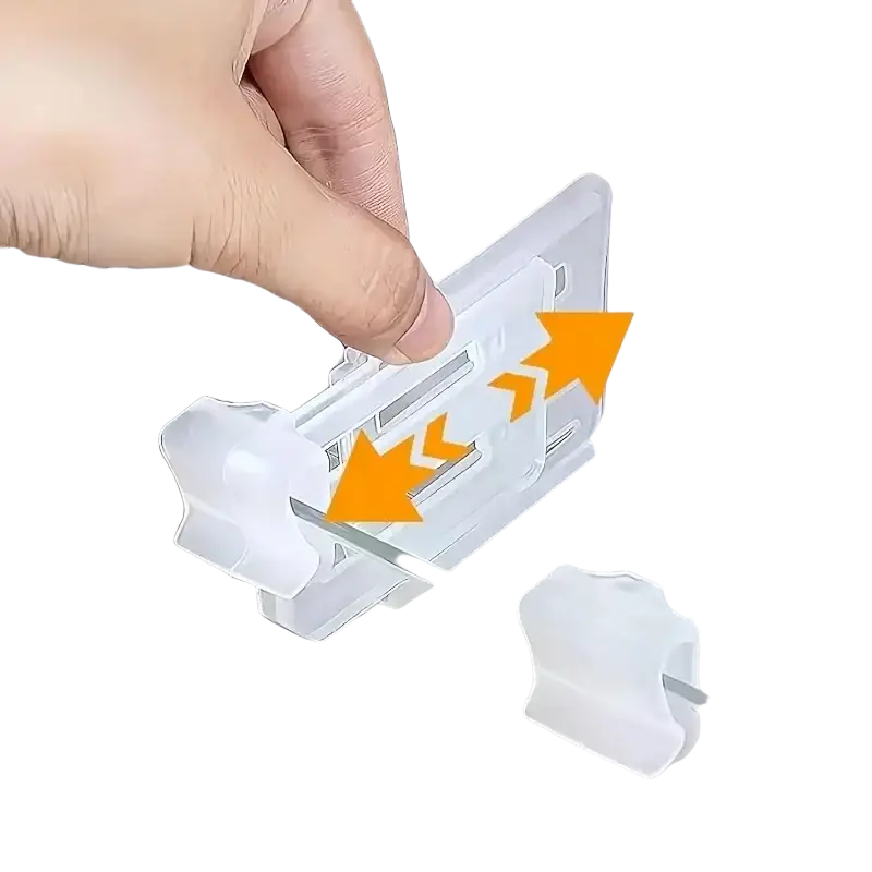 Clear plastic adjustable refrigerator space divider with safety lock and adjustable clips for secure storage organization