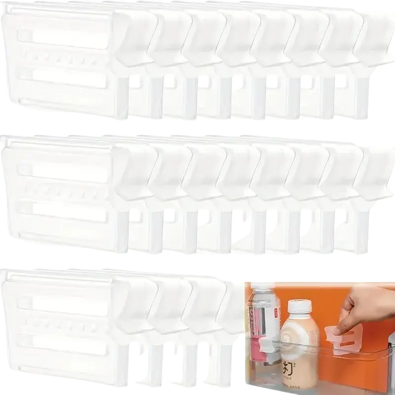 Clear plastic adjustable refrigerator space divider made of white plastic for organizing shelves efficiently