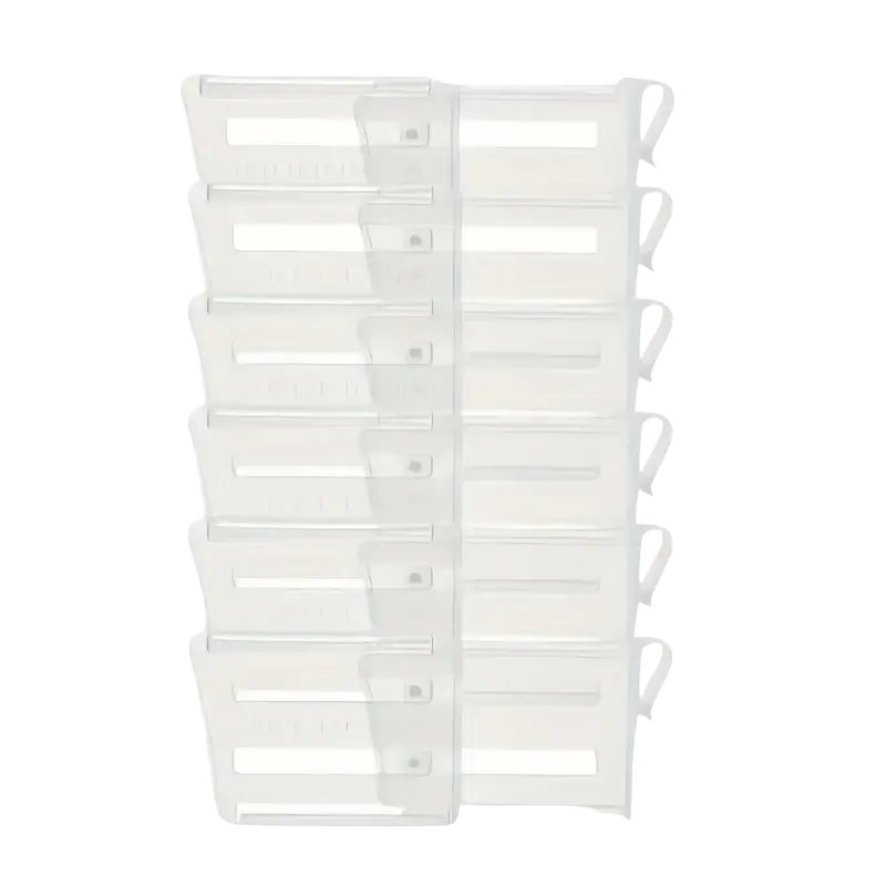 Adjustable refrigerator space divider made of clear white plastic with loop handles and rectangular cutouts for organization