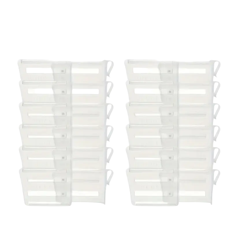 Set of 12 clear plastic storage organizers with integrated hooks for adjustable refrigerator space divider white plastic
