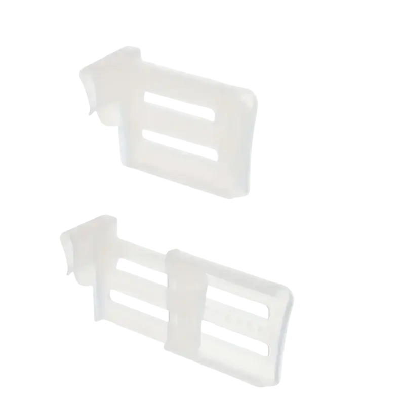 White plastic adjustable refrigerator space divider strap buckle with three horizontal slots and a curved tab