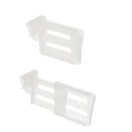 White plastic adjustable refrigerator space divider strap buckle with three horizontal slots and a curved tab