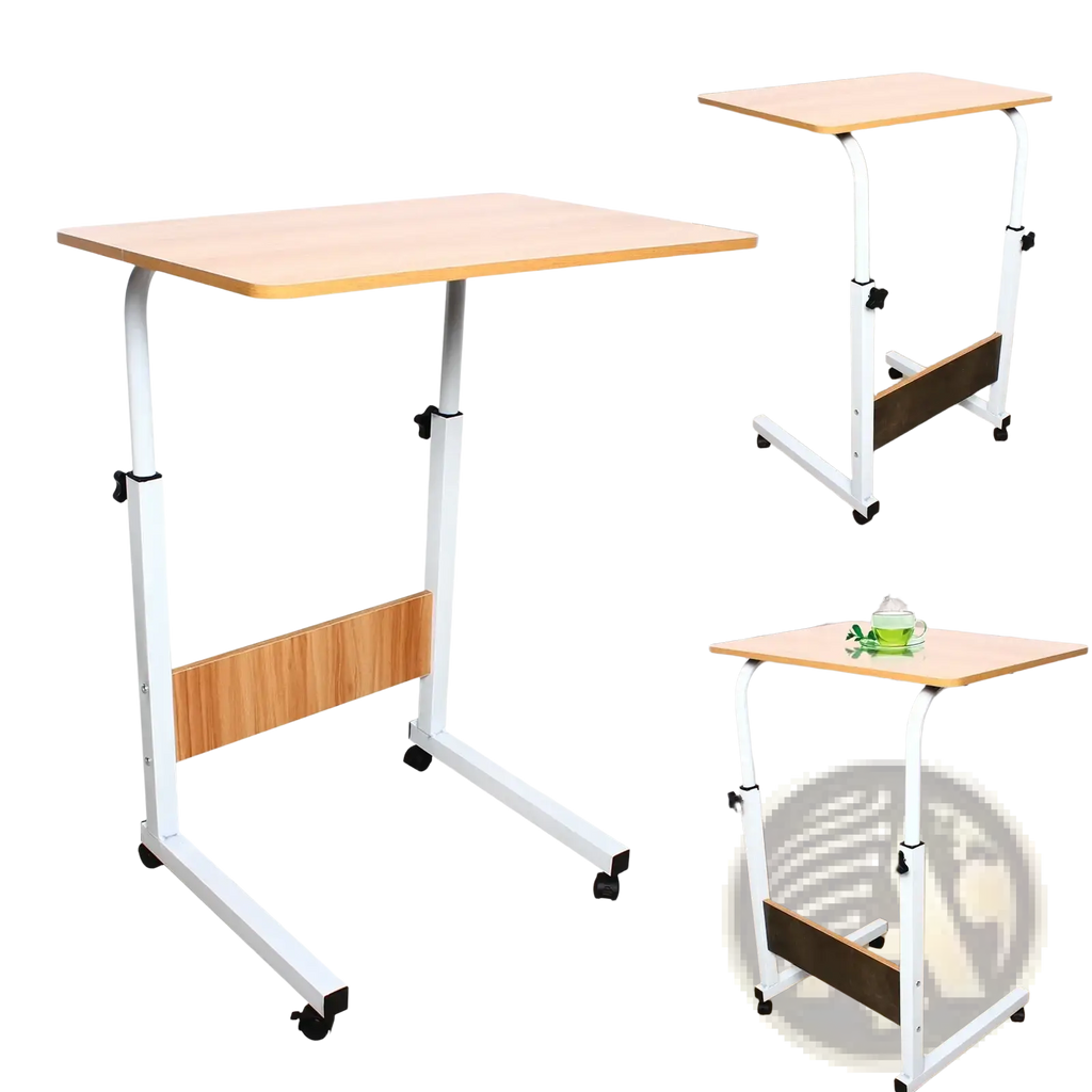 Adjustable rolling laptop desk stand with light wood finish top white metal frame and black caster wheels for mobility