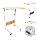 Adjustable rolling laptop desk stand with light wood finish top white metal frame and black caster wheels for mobility