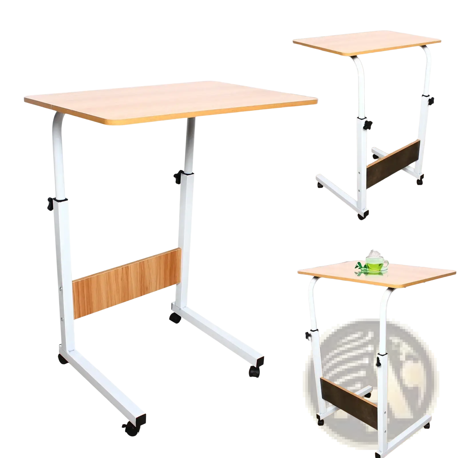 Adjustable rolling laptop desk stand with light wood finish top white metal frame and black caster wheels for mobility