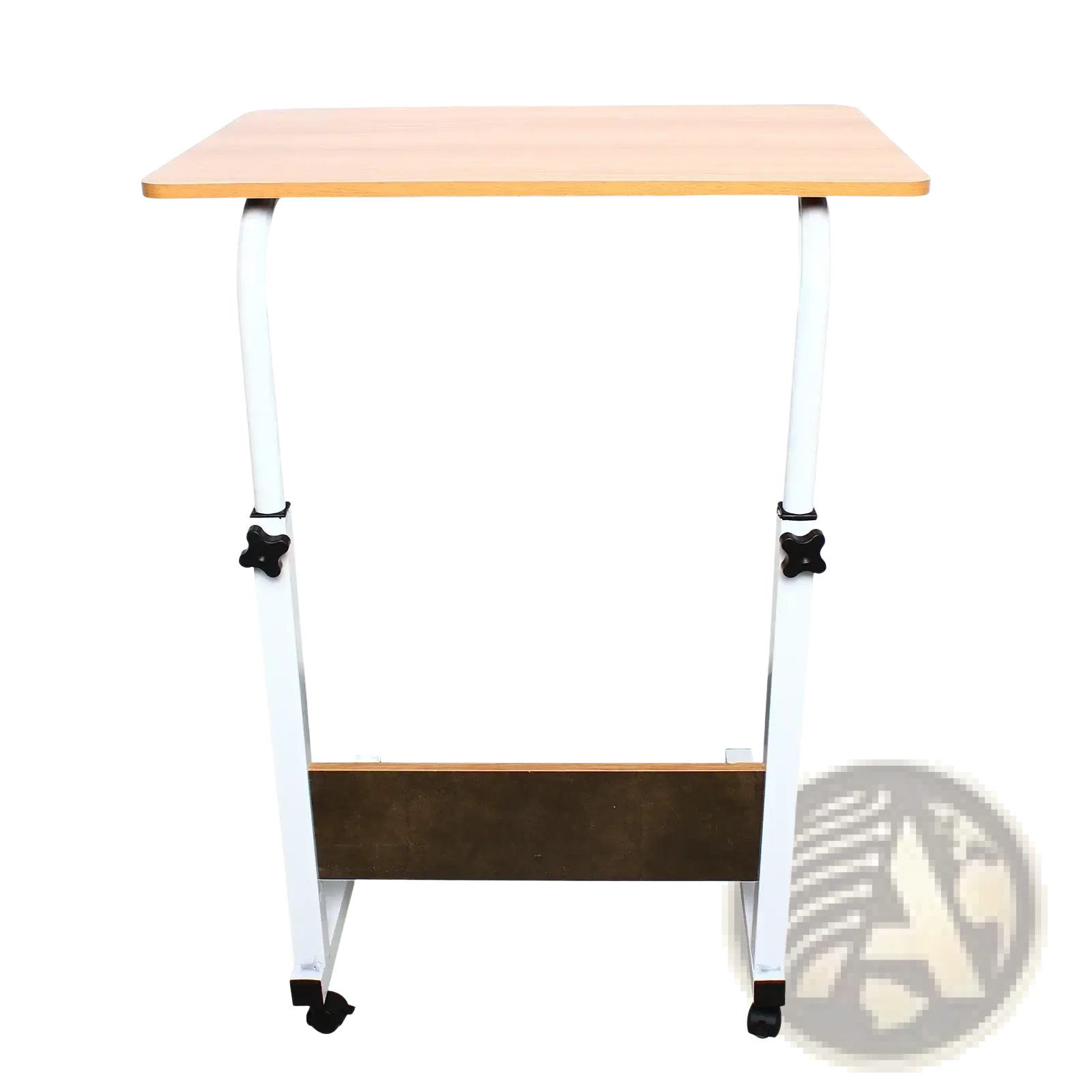 Adjustable rolling laptop desk stand with light wood finish tabletop, white metal frame, and black caster wheels for mobility