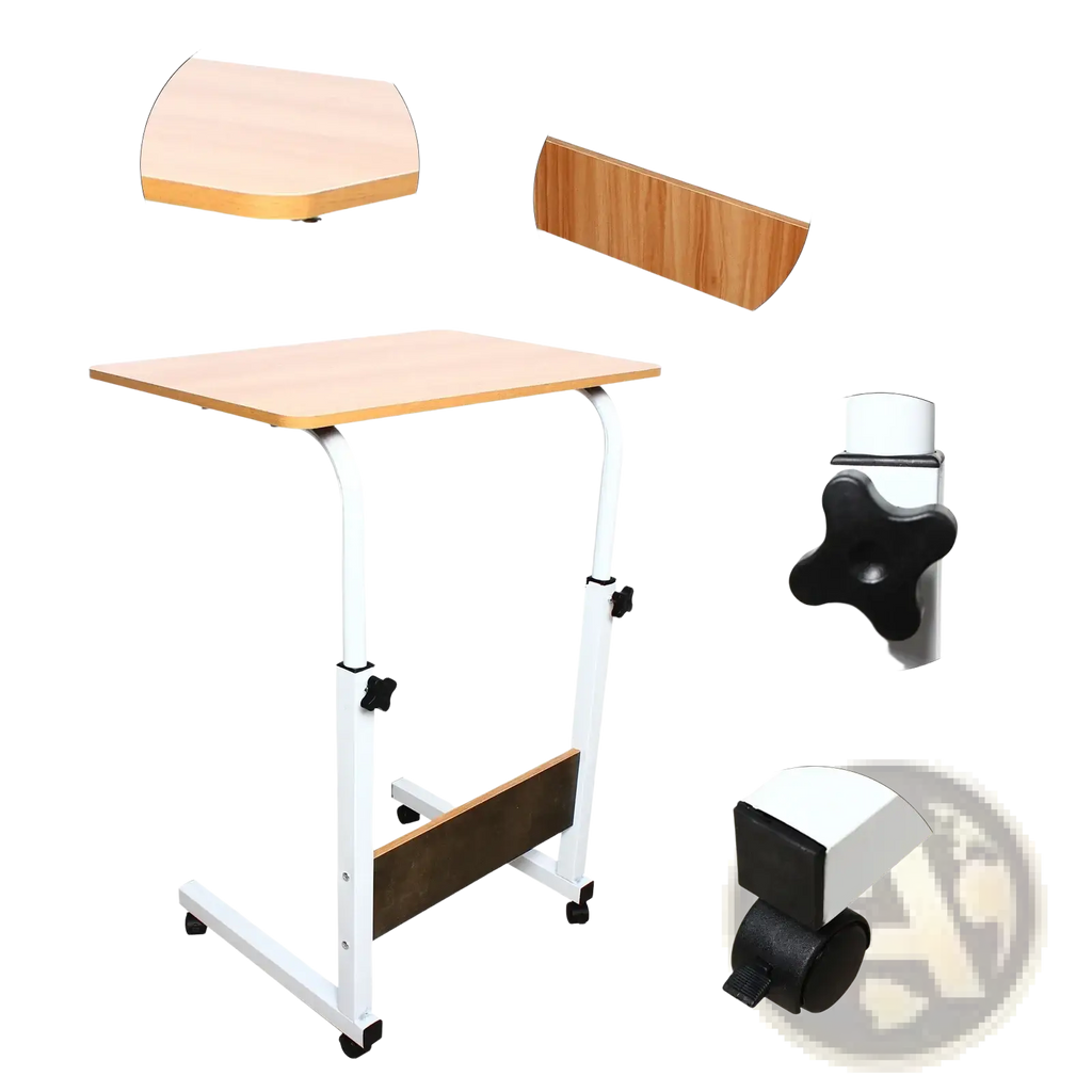 Adjustable rolling laptop desk stand with height adjustable light woodgrain top and white metal frame on wheels