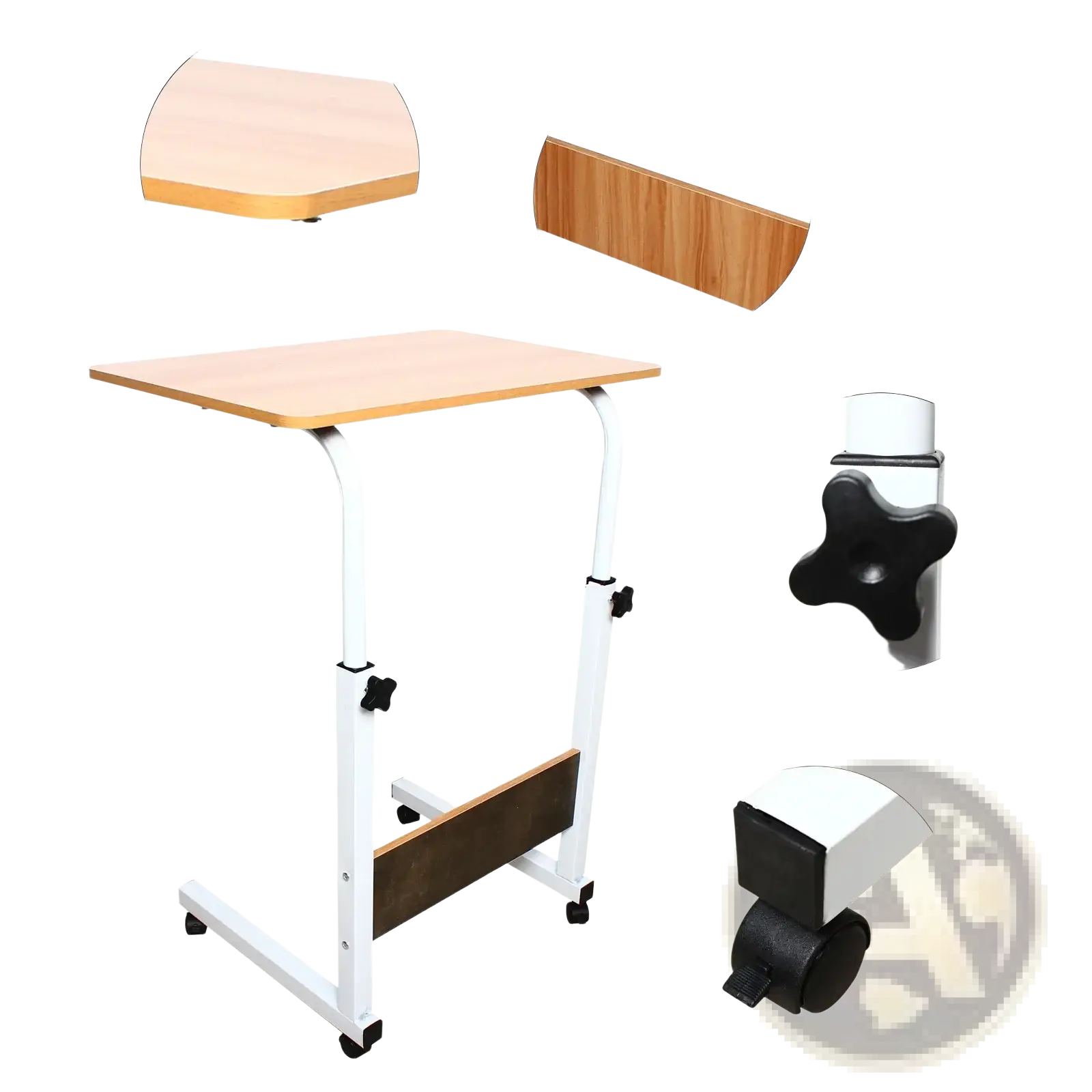 Adjustable rolling laptop desk stand with height adjustable light woodgrain top and white metal frame on wheels