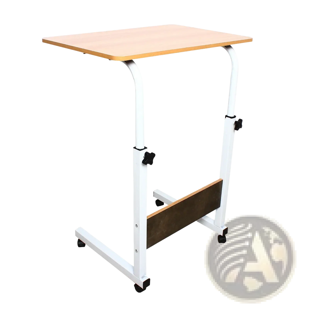 Adjustable rolling laptop desk stand with white adjustable height frame, light wood top, dark brown shelf, and black caster wheels