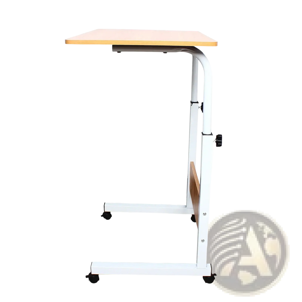 Adjustable rolling laptop desk stand with white adjustable height frame, light wood-colored top, and black caster wheels
