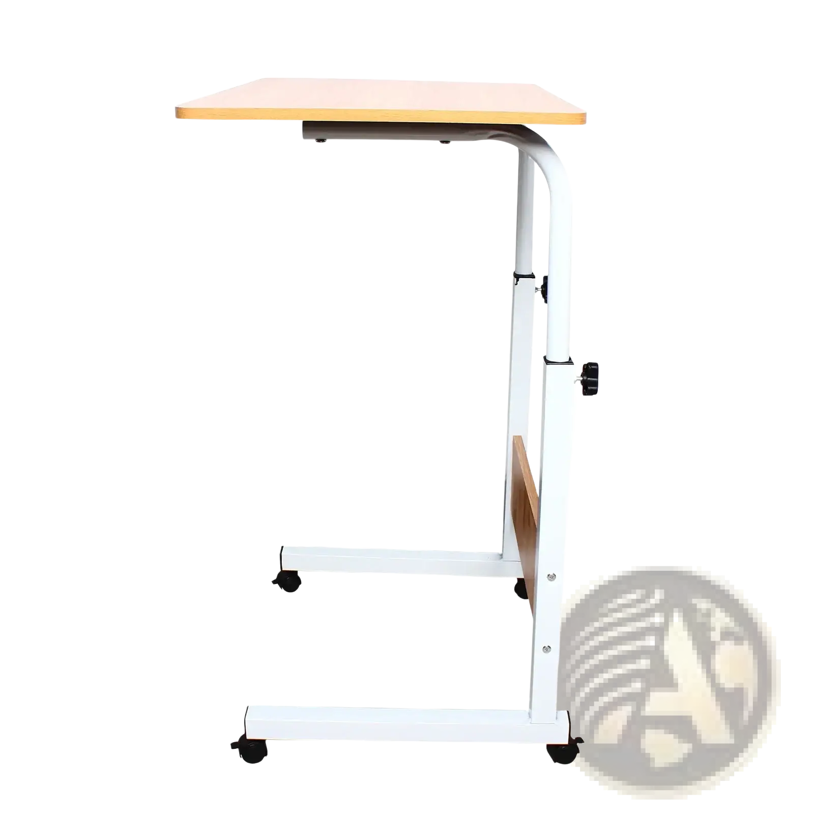 Adjustable rolling laptop desk stand with white adjustable height frame, light wood-colored top, and black caster wheels