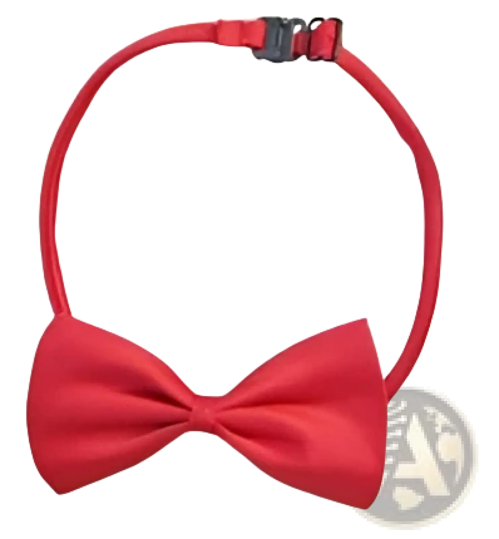 Adjustable red satin pet bow tie with silver clasp for dogs and cats featuring a smooth satin bow headband