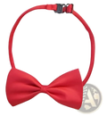 Adjustable red satin pet bow tie with silver clasp for dogs and cats featuring a smooth satin bow headband