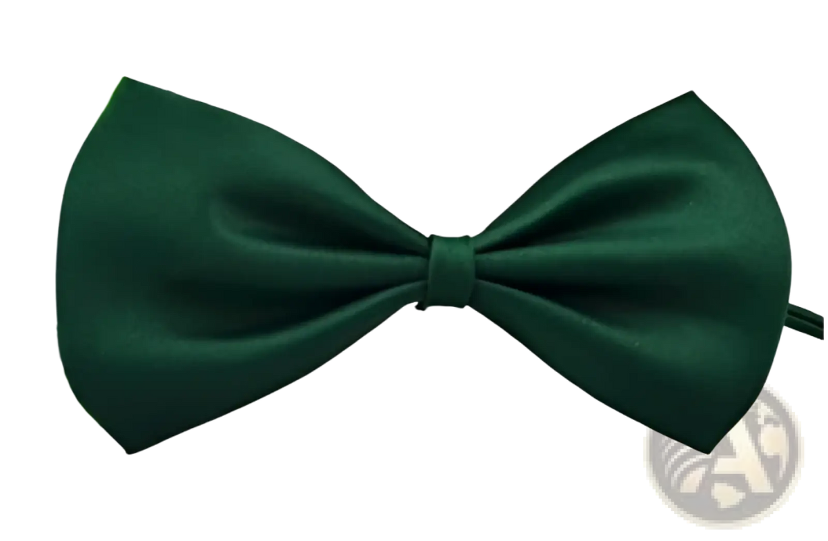 Adjustable deep green satin bow tie for dogs and cats with a smooth glossy finish and neatly tied knot