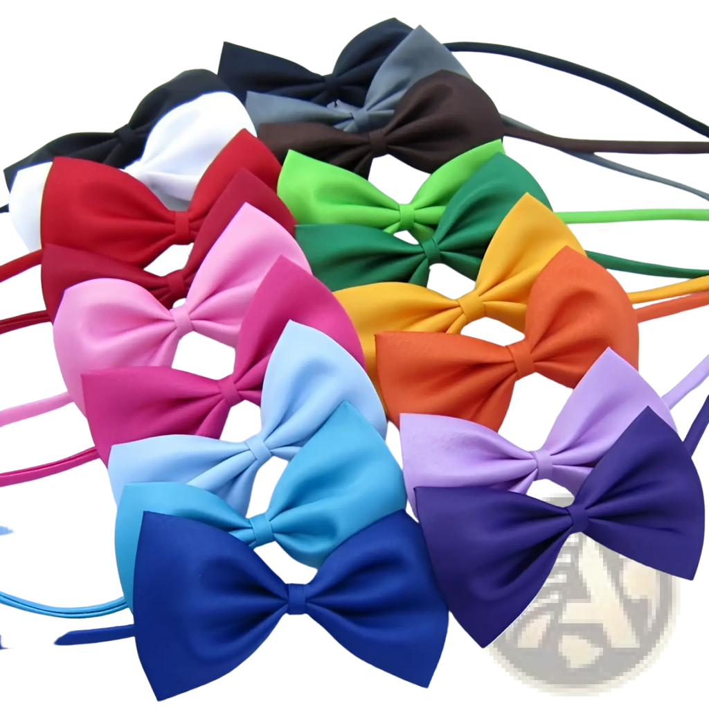 A collection of adjustable satin pet bow ties for dogs and cats in red pink green yellow orange blue and purple hues