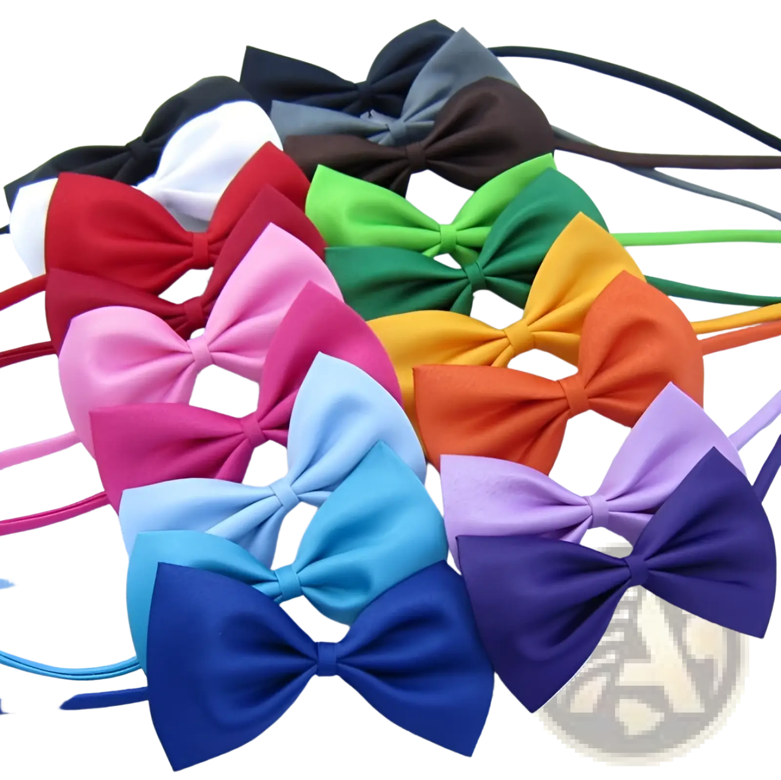 A collection of adjustable satin pet bow ties for dogs and cats in red pink green yellow orange blue and purple hues