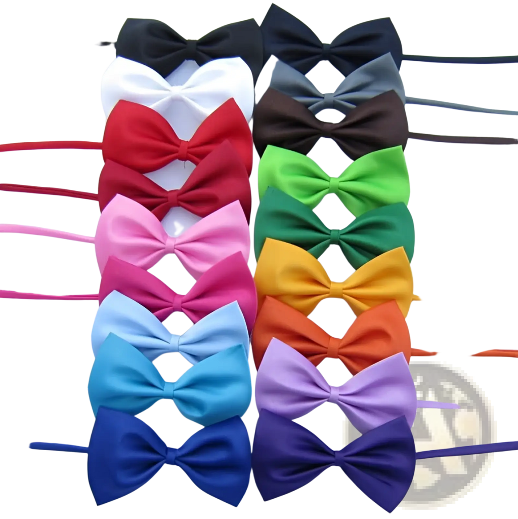 Adjustable satin pet bow ties for dogs and cats in various colors including black white red pink green blue and purple