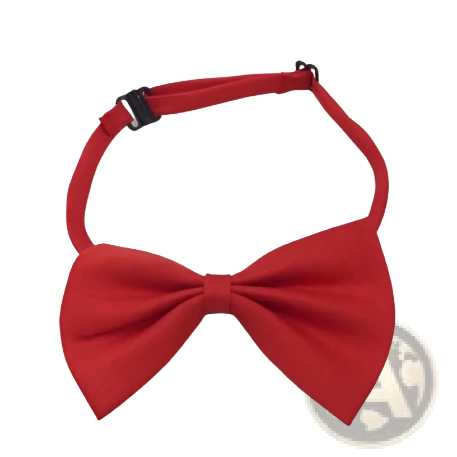 Adjustable red satin pet bow tie with black plastic buckle for dogs and cats shown from the back side