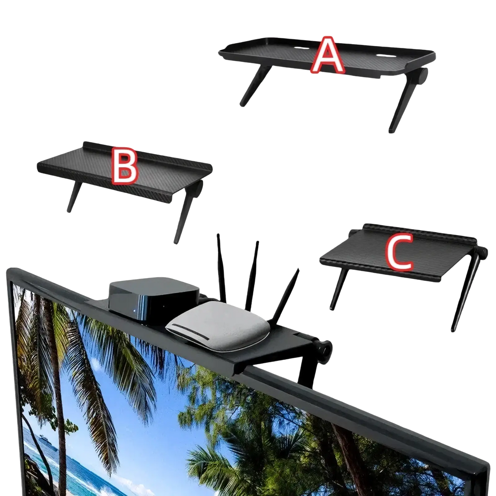 Adjustable screen top storage shelf monitor stand in black carbon fiber texture with adjustable legs and central clamp for secure attachment