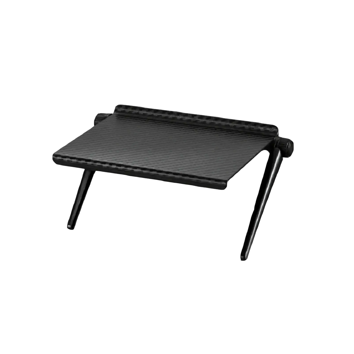 Adjustable screen top storage shelf monitor stand in black carbon fiber texture with adjustable legs and compact design