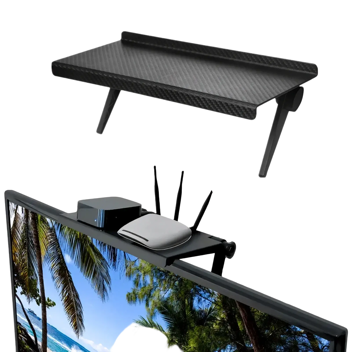Black carbon fiber textured adjustable screen top storage shelf monitor stand with adjustable legs for desk organization