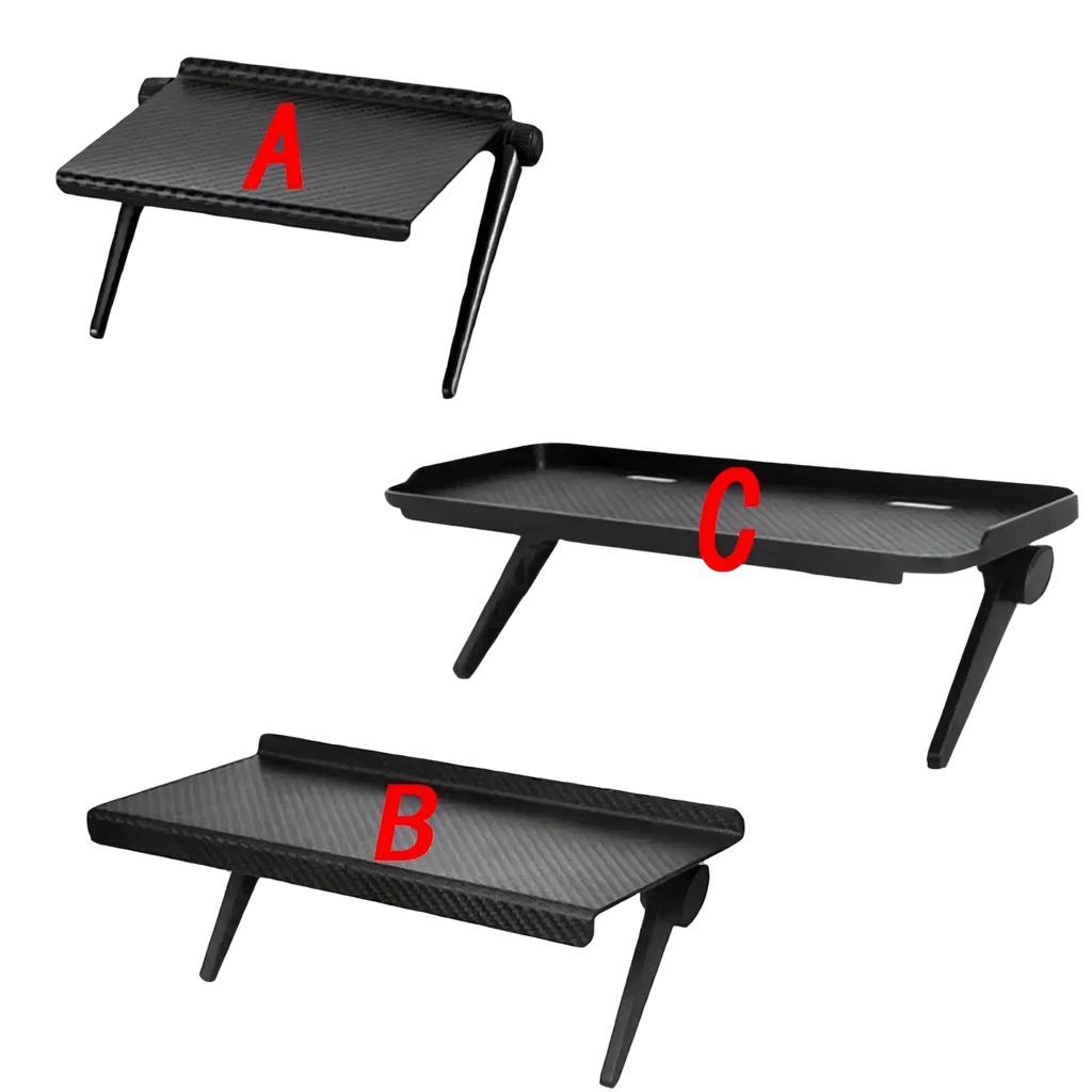 Adjustable screen top storage shelf monitor stand in black carbon fiber texture with three size options for car dashboards