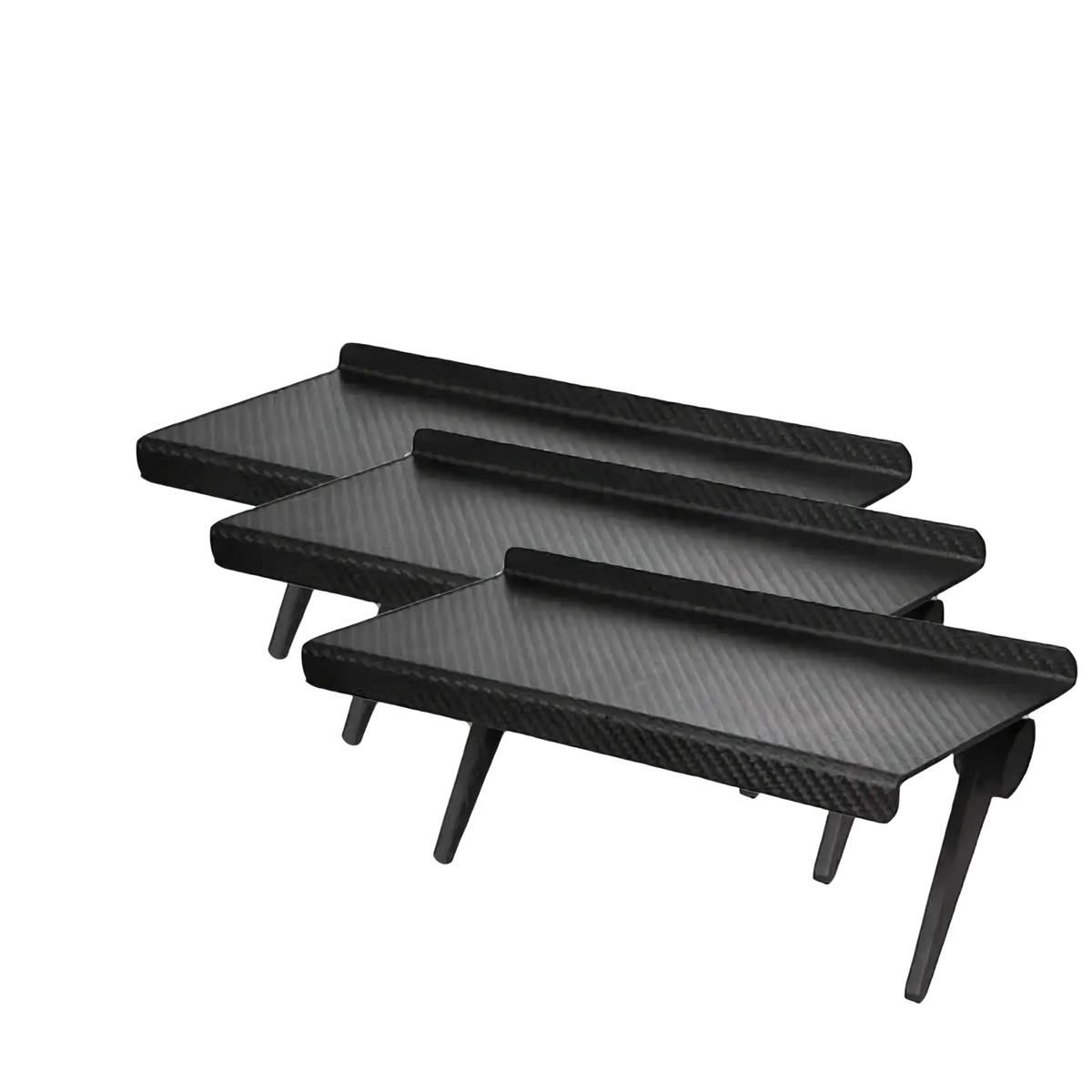 Adjustable screen top storage shelf monitor stands in black carbon fiber texture available in three sizes