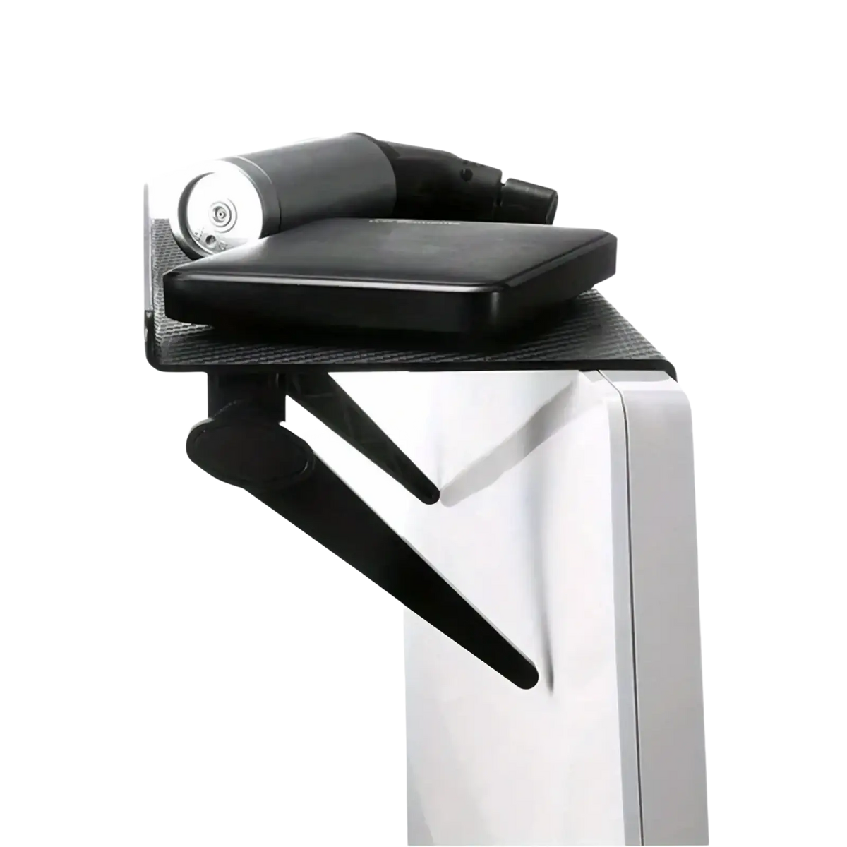 Adjustable screen top storage shelf monitor stand with black carbon fiber texture holding black power bank and charging cable
