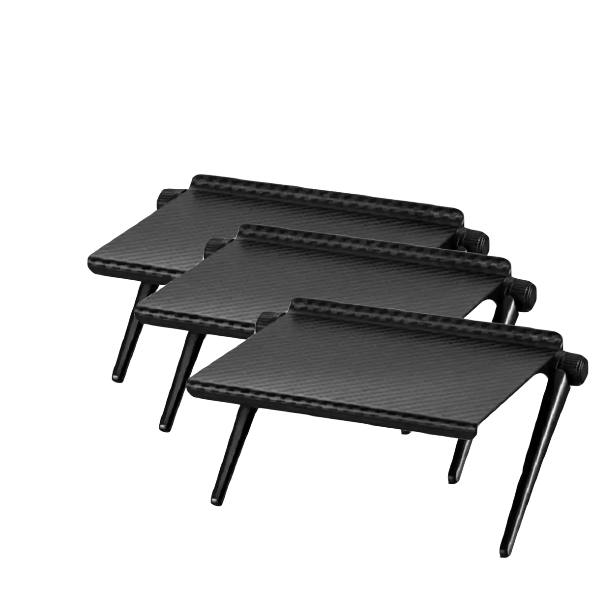 Adjustable screen top storage shelf monitor stand in black carbon fiber with sleek minimalist design and adjustable legs