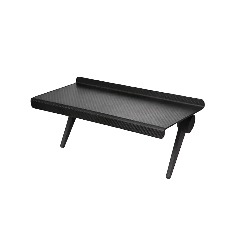 Adjustable screen top storage shelf monitor stand in black carbon fiber texture with angled legs for laptop desk use
