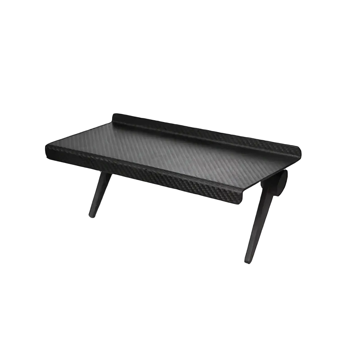 Adjustable screen top storage shelf monitor stand in black carbon fiber texture with angled legs for laptop desk use