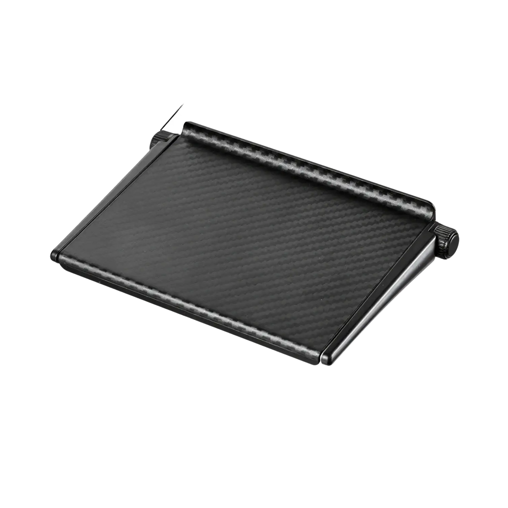 Adjustable screen top storage shelf monitor stand in black carbon fiber texture with adjustable height and side knobs
