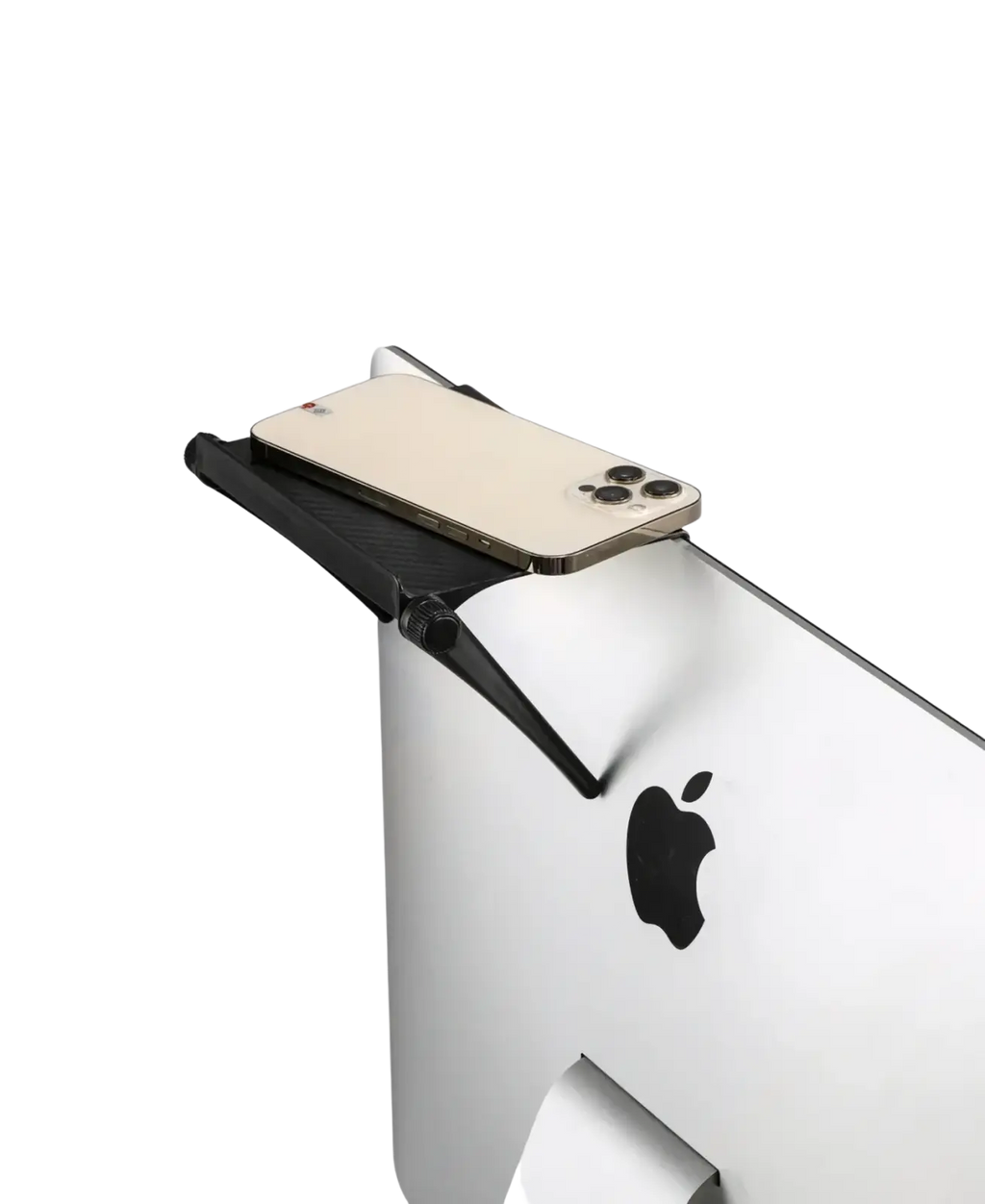 Black adjustable screen top storage shelf monitor stand holding a gold-colored iphone for hands-free use