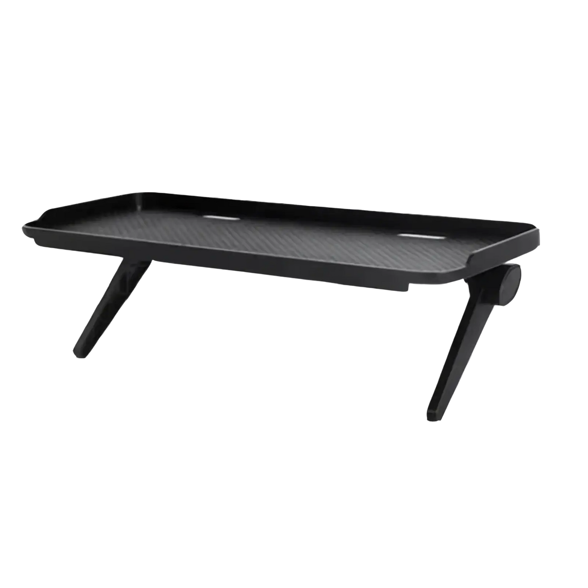 Black plastic adjustable screen top storage shelf monitor stand with textured surface and adjustable legs for ergonomic use