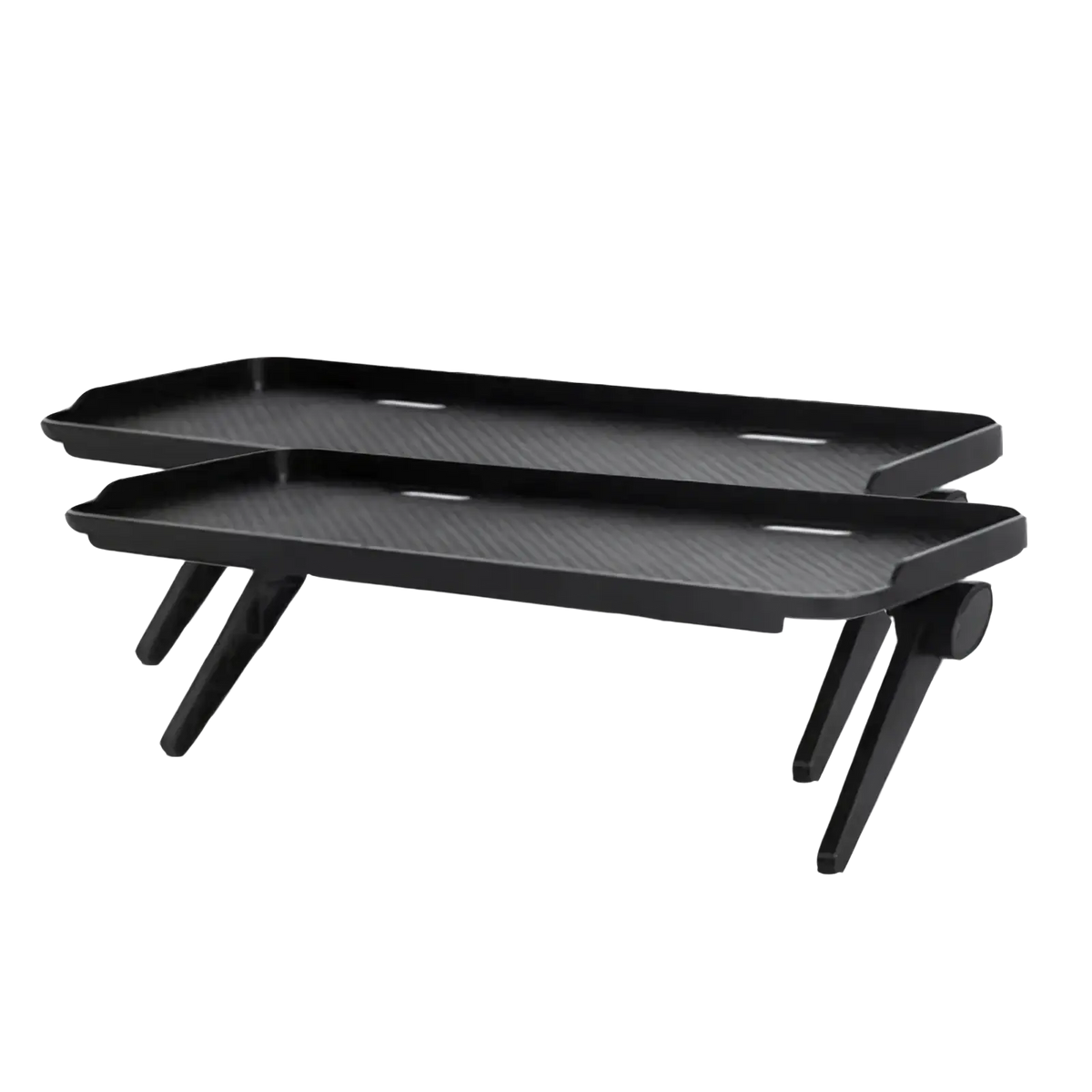 Adjustable screen top storage shelf monitor stand made of black plastic with textured surface and angled legs