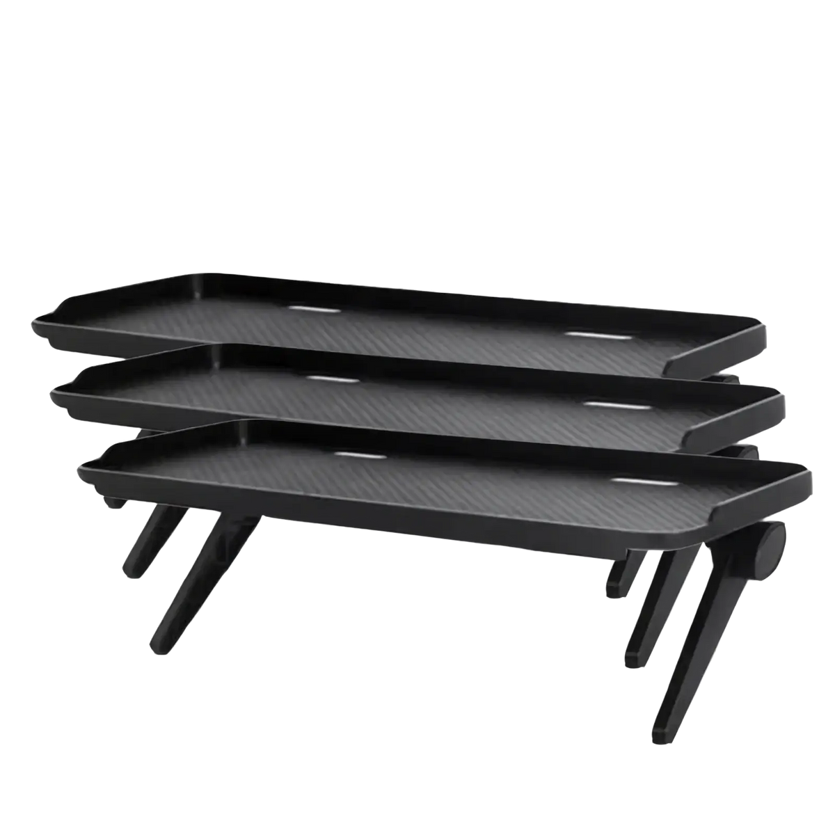 Set of three black plastic adjustable screen top storage shelf monitor stands with textured surfaces and legs